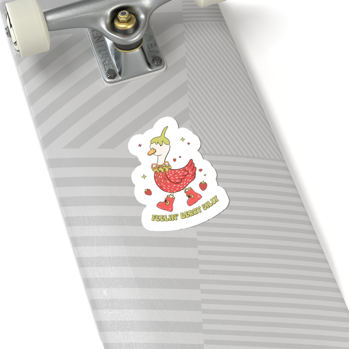 Strawberry goose vinyl sticker on skateboard 
