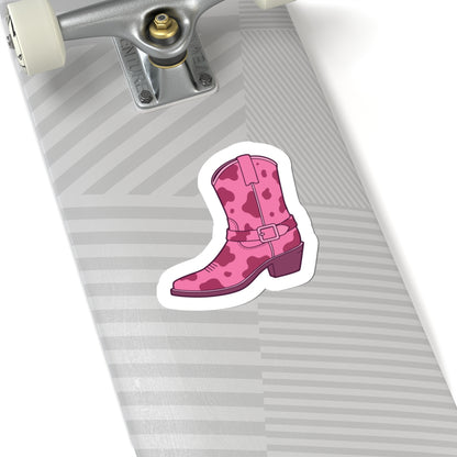 Pink cowgirl boot sticker on a skateboard deck