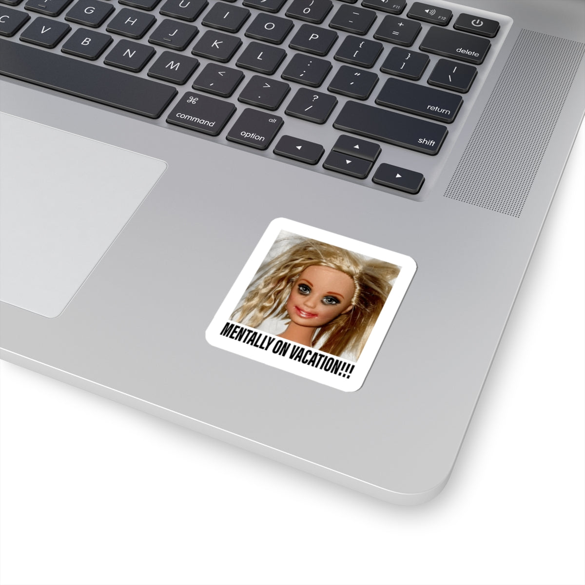 Messy blonde hair doll meme laptop sticker