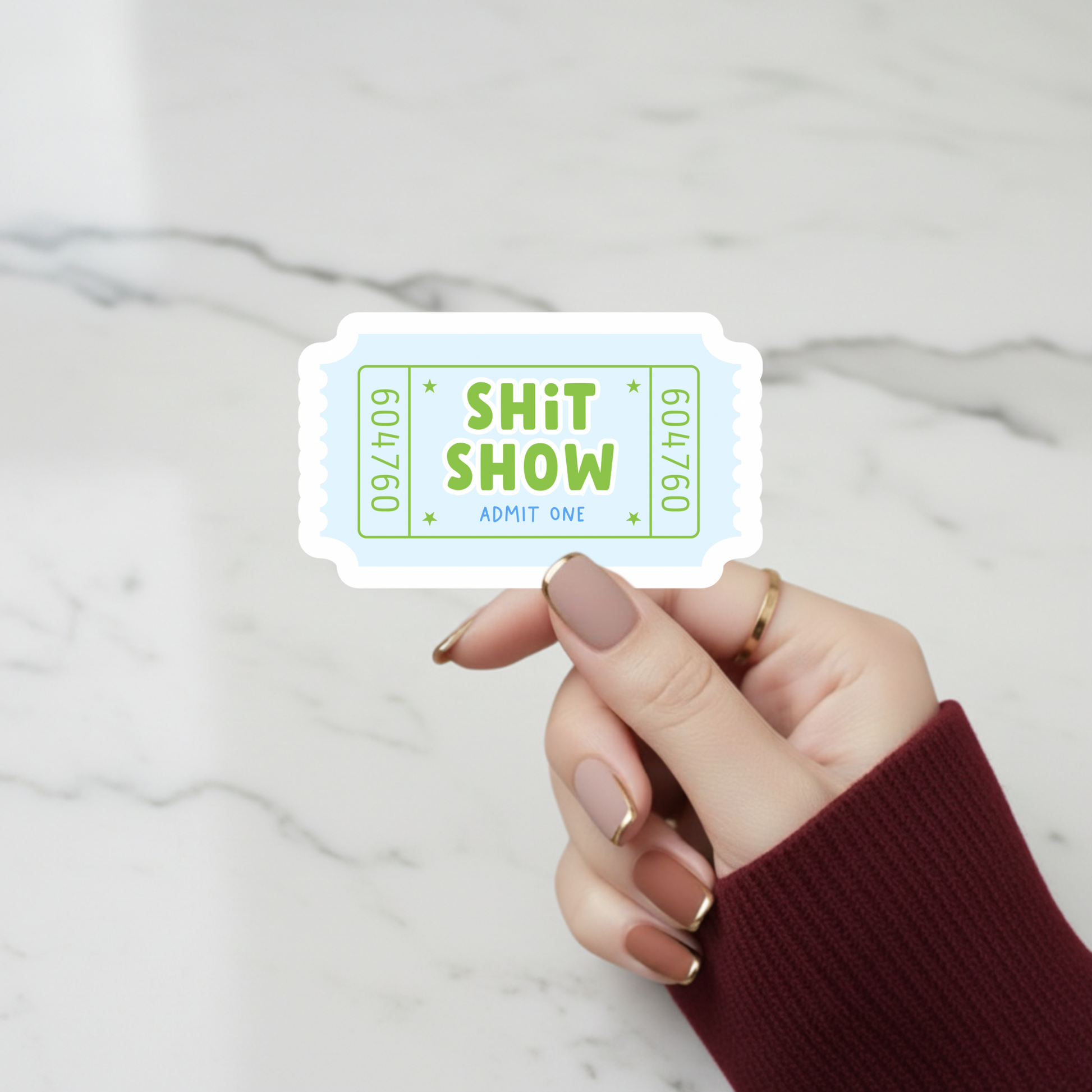 Blue shit show close up ticket sticker 