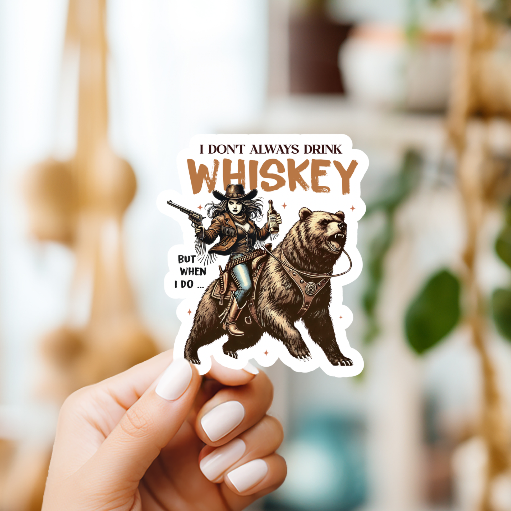 Cowgirl riding bear vinyl sticker decal