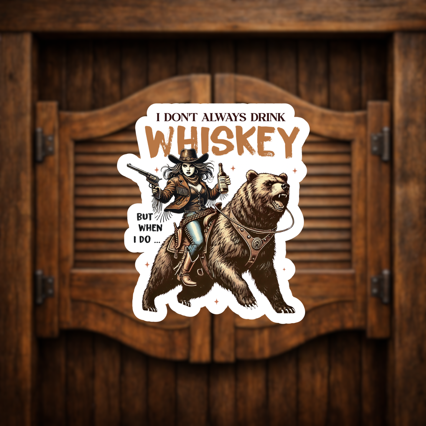 Western whiskey cowgirl riding bear sticker