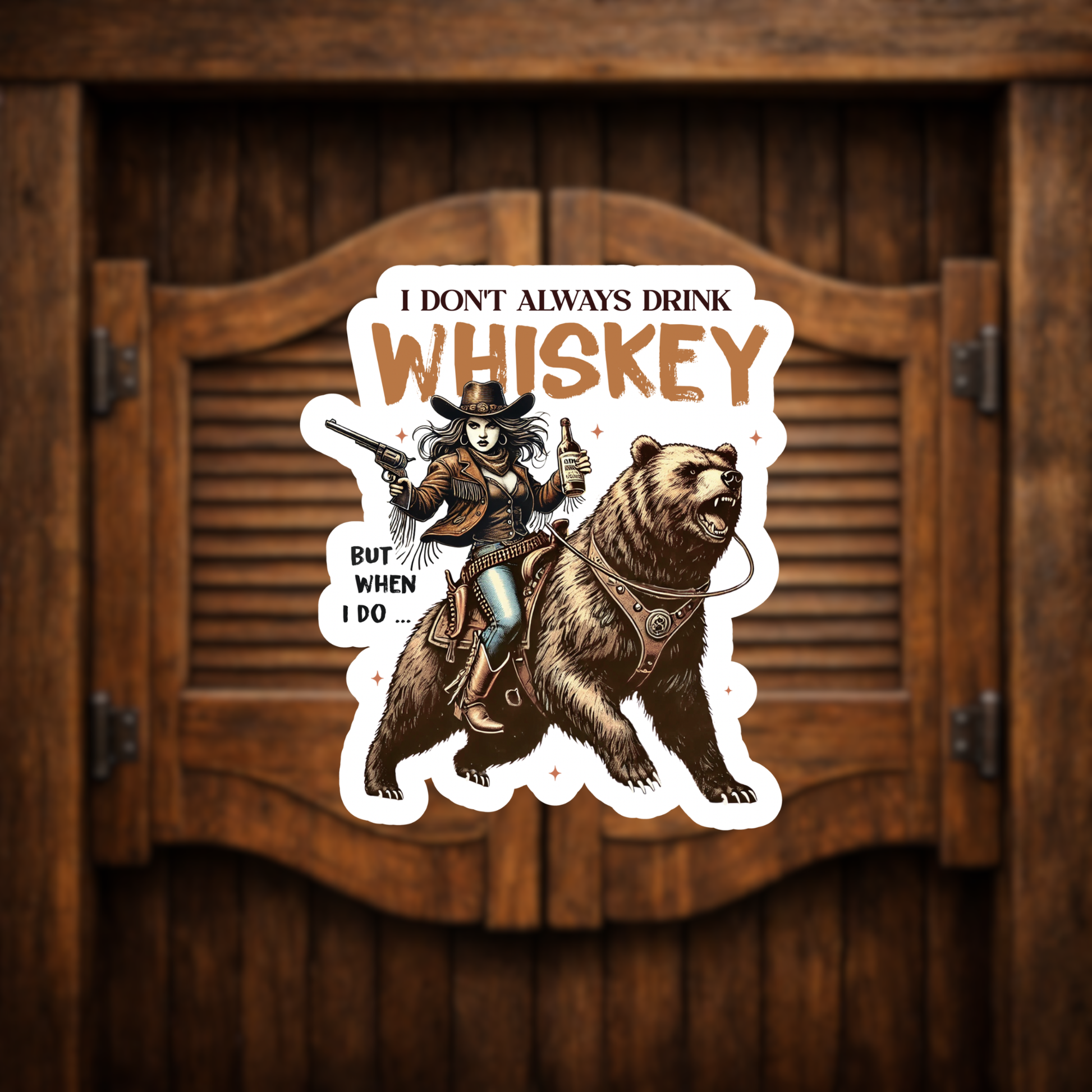 Western whiskey cowgirl riding bear sticker