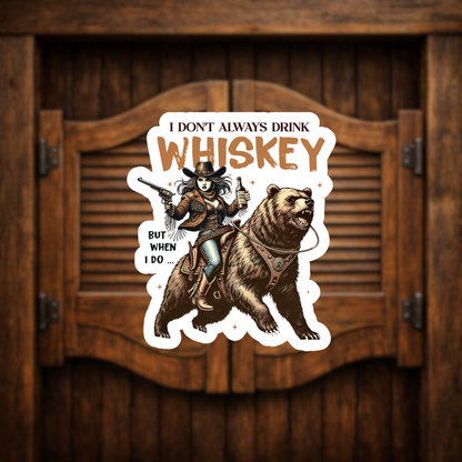 Western whiskey cowgirl riding bear sticker