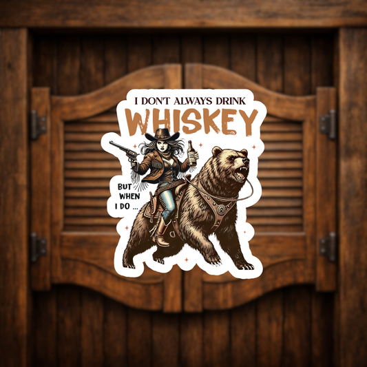 Western whiskey cowgirl riding bear sticker