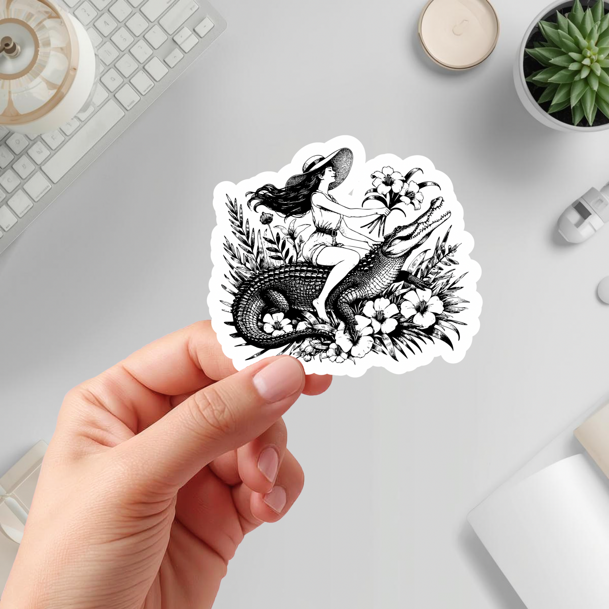 woman riding crocodile illustration