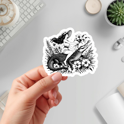 woman riding crocodile illustration