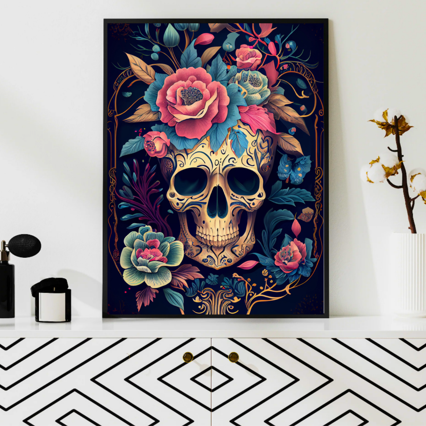 moody botanical skull art print