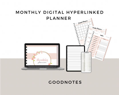 Pink Undated Monthly Hyperlinked Planner + Stickers (GoodNotes)