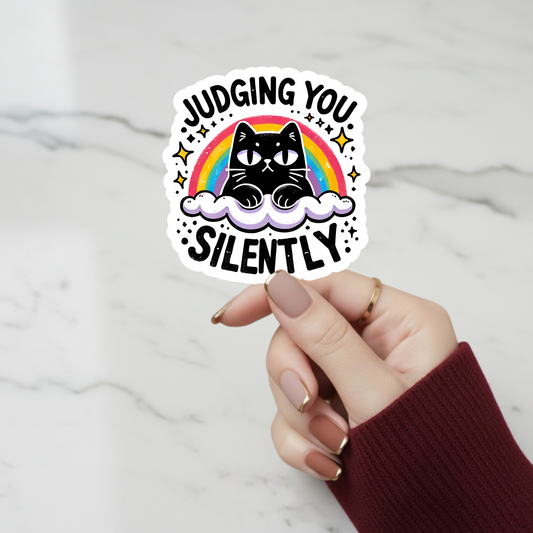 judging you silently black cat sticker decal