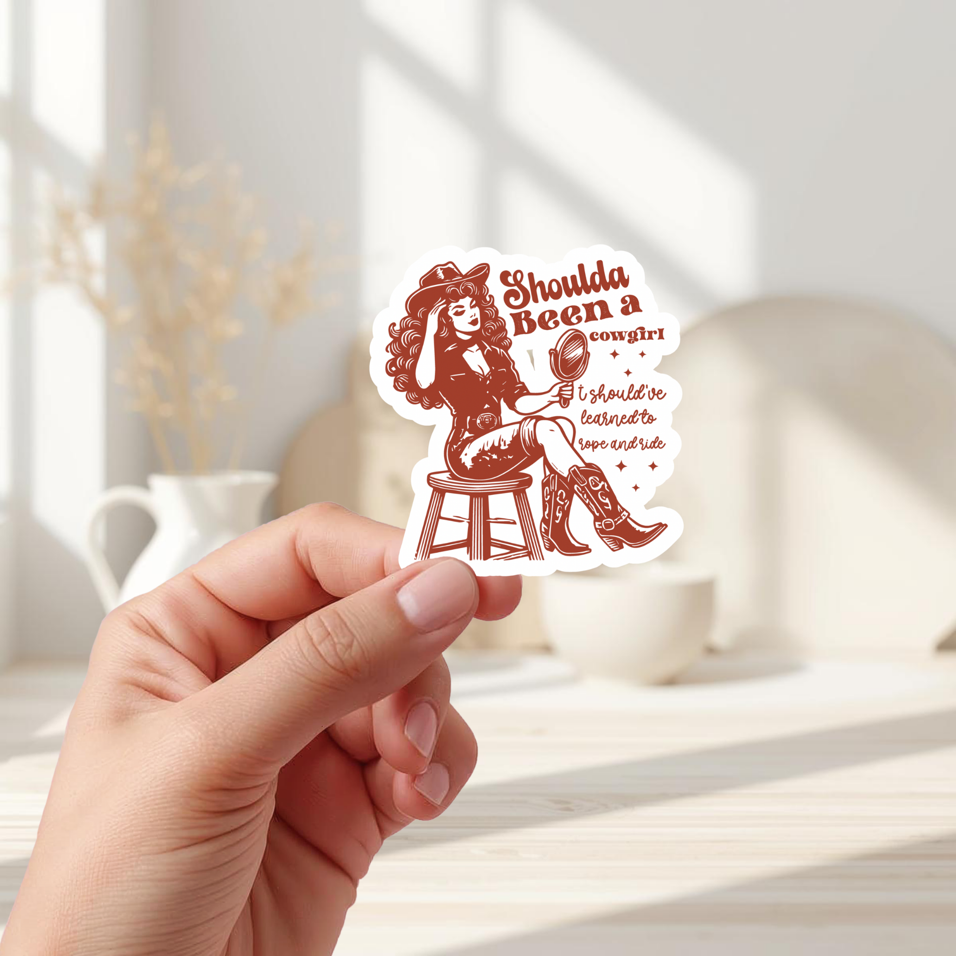 retro cowgirl sitting stool sticker