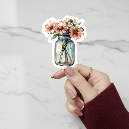 Rustic Wildflower Mason Jar Vinyl Sticker