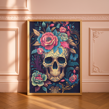 skull with roses and leaves artwork