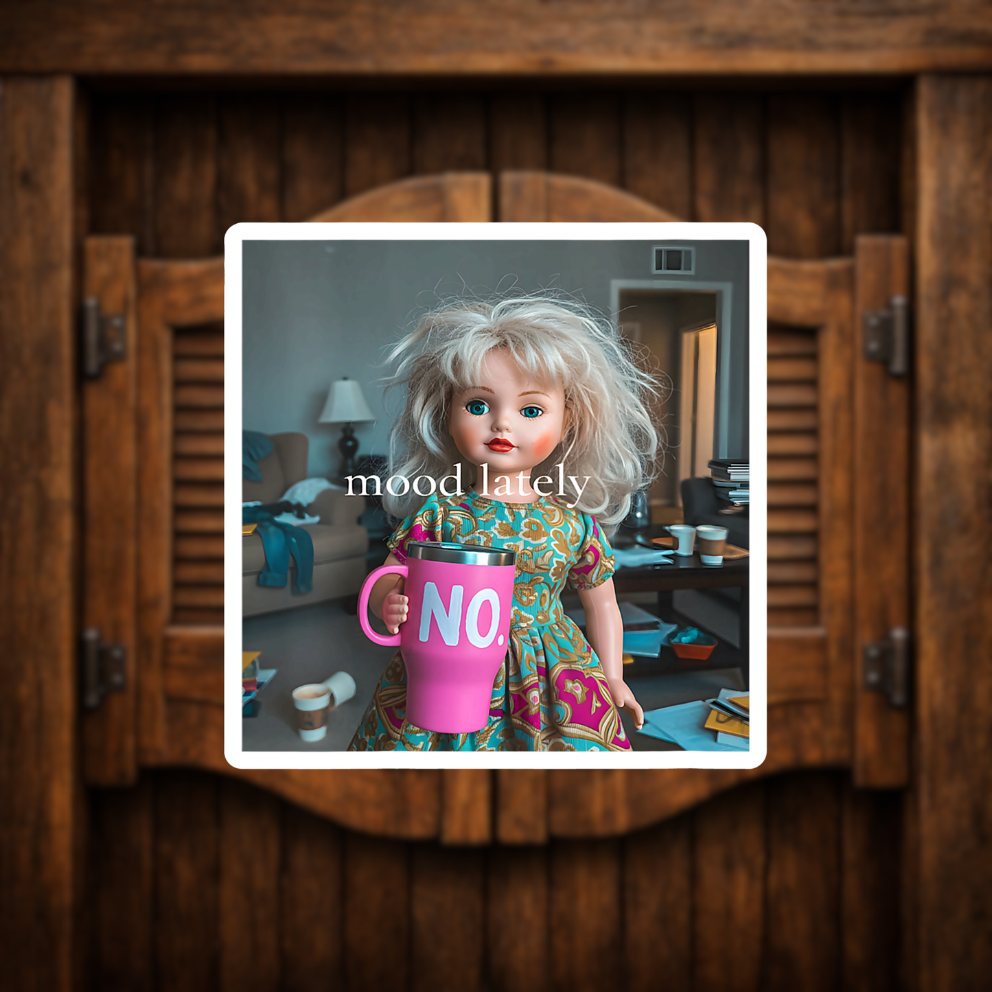 Creepy cute doll holding pink 40 oz tumbler sticker