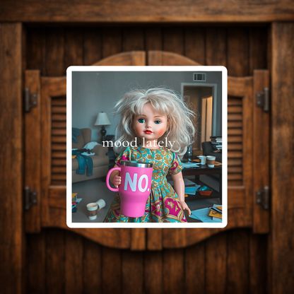 Creepy cute doll holding pink 40 oz tumbler sticker