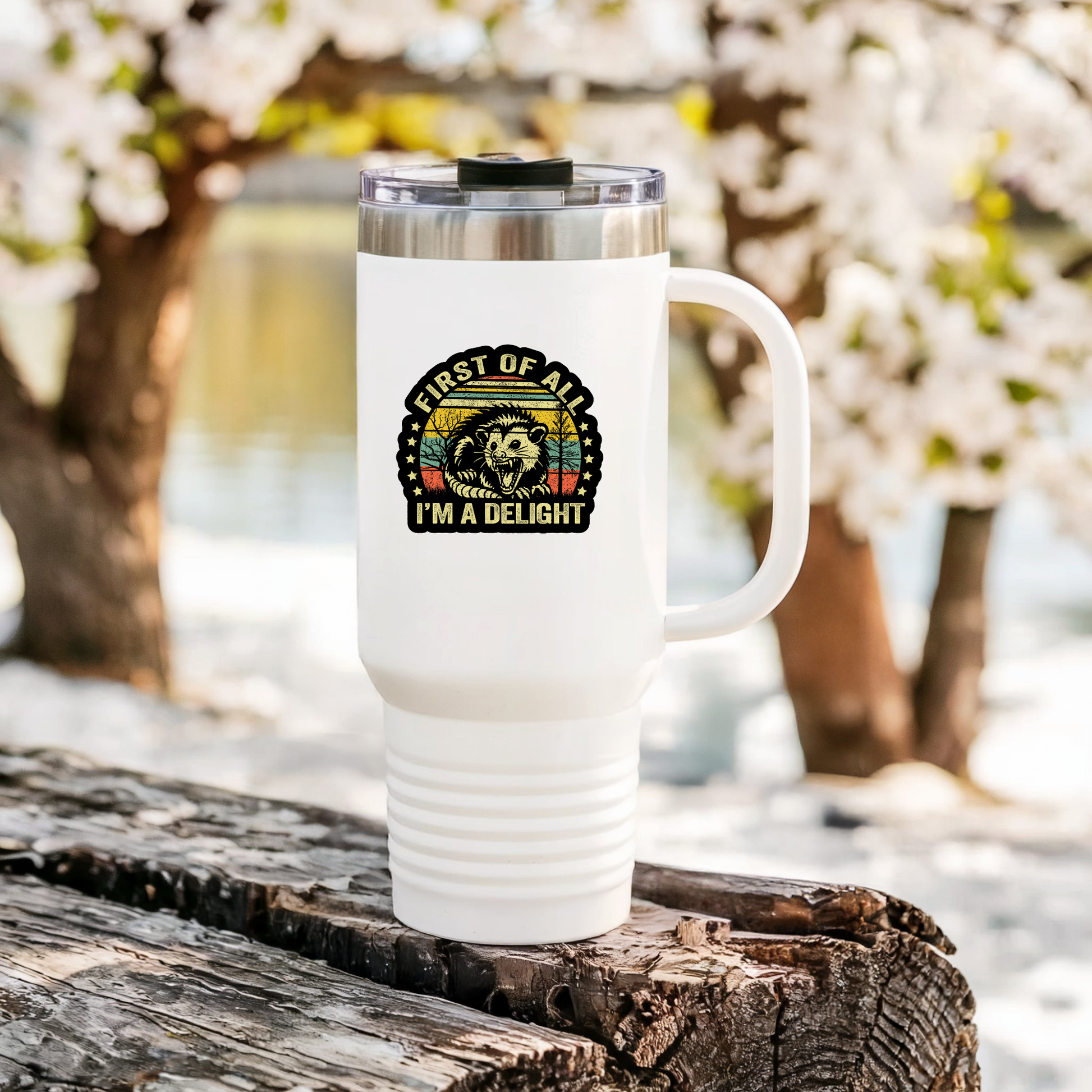 Retro sunset opossum water bottle sticker