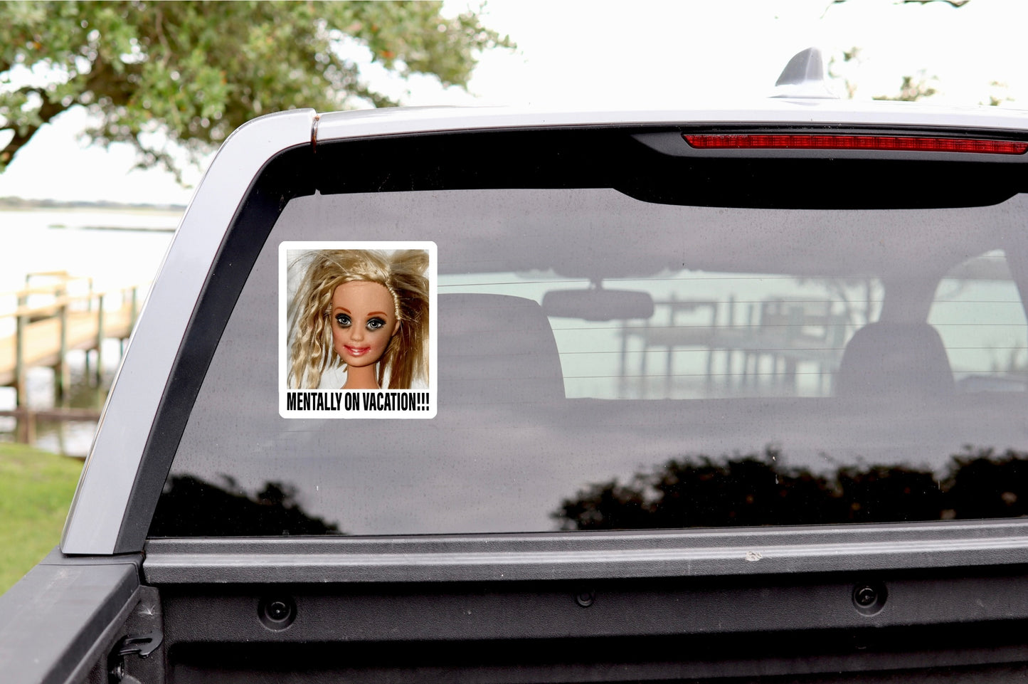 Doll reaction decal shown on a car window