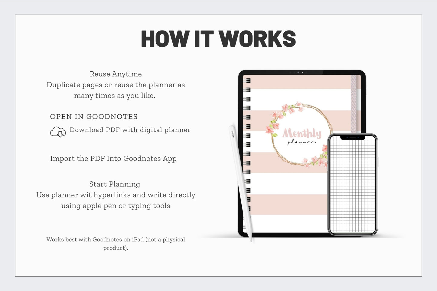 Pink Undated Monthly Hyperlinked Planner + Stickers (GoodNotes)