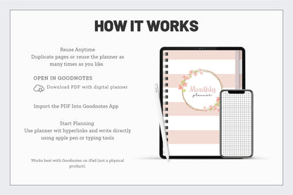 Pink Undated Monthly Hyperlinked Planner + Stickers (GoodNotes)