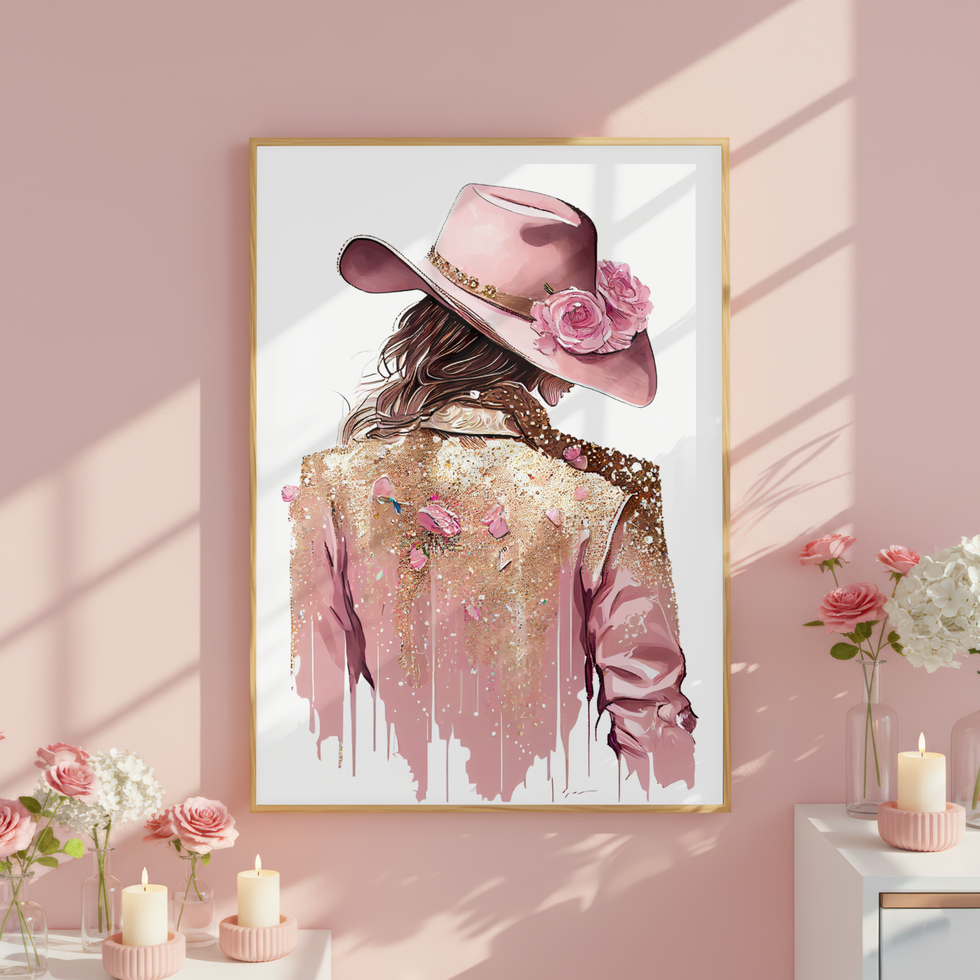 western cowgirl wall art pink gold tones