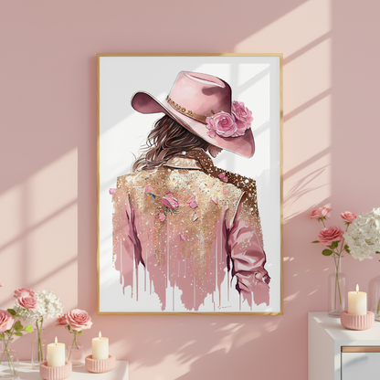 western cowgirl wall art pink gold tones