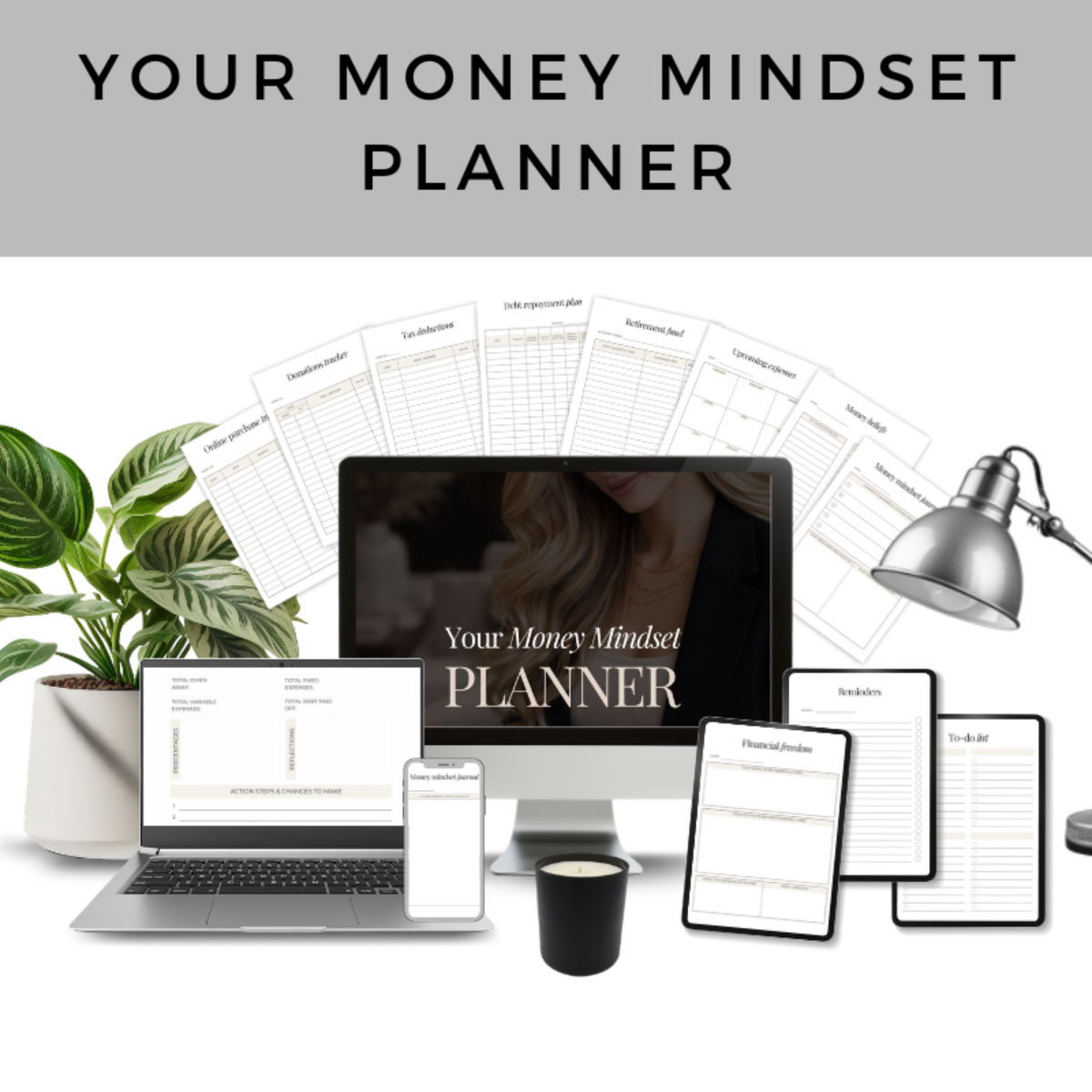 Money mindset planner with monthly budget and tracking pages