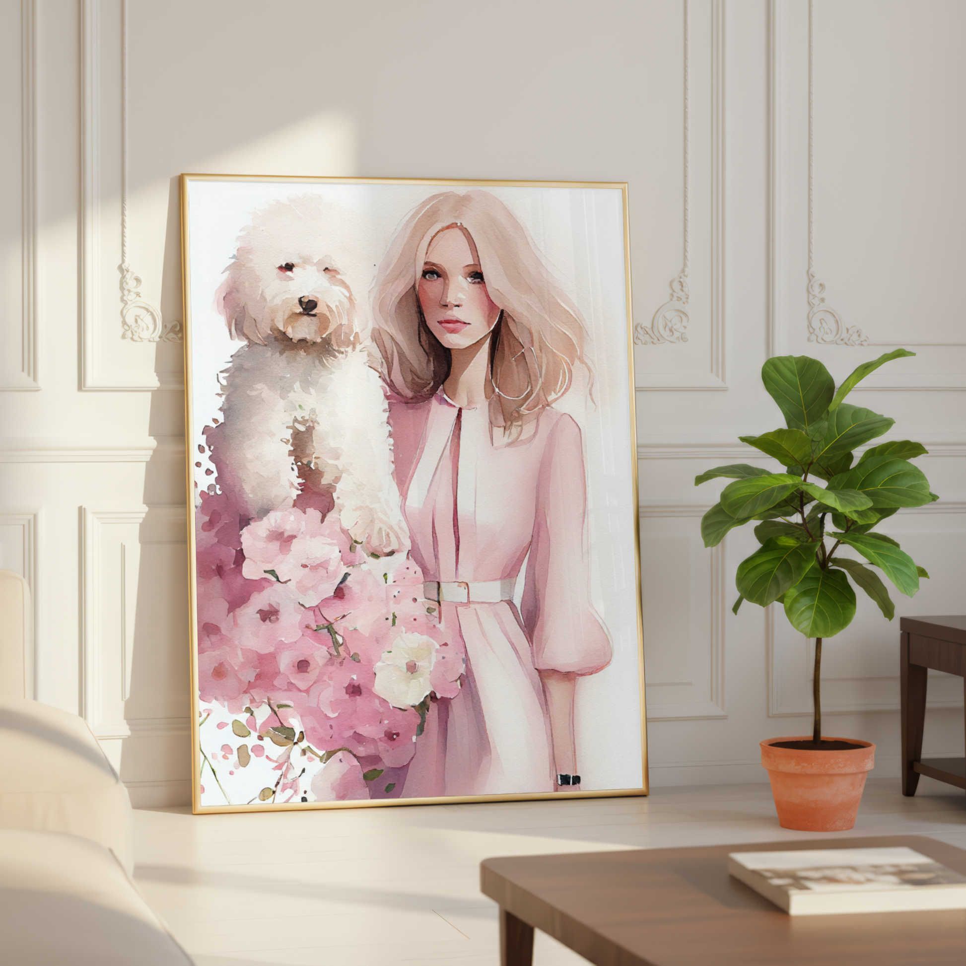 pink floral woman and dog wall art