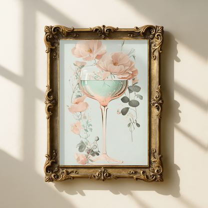 blush floral champagne glass wall art