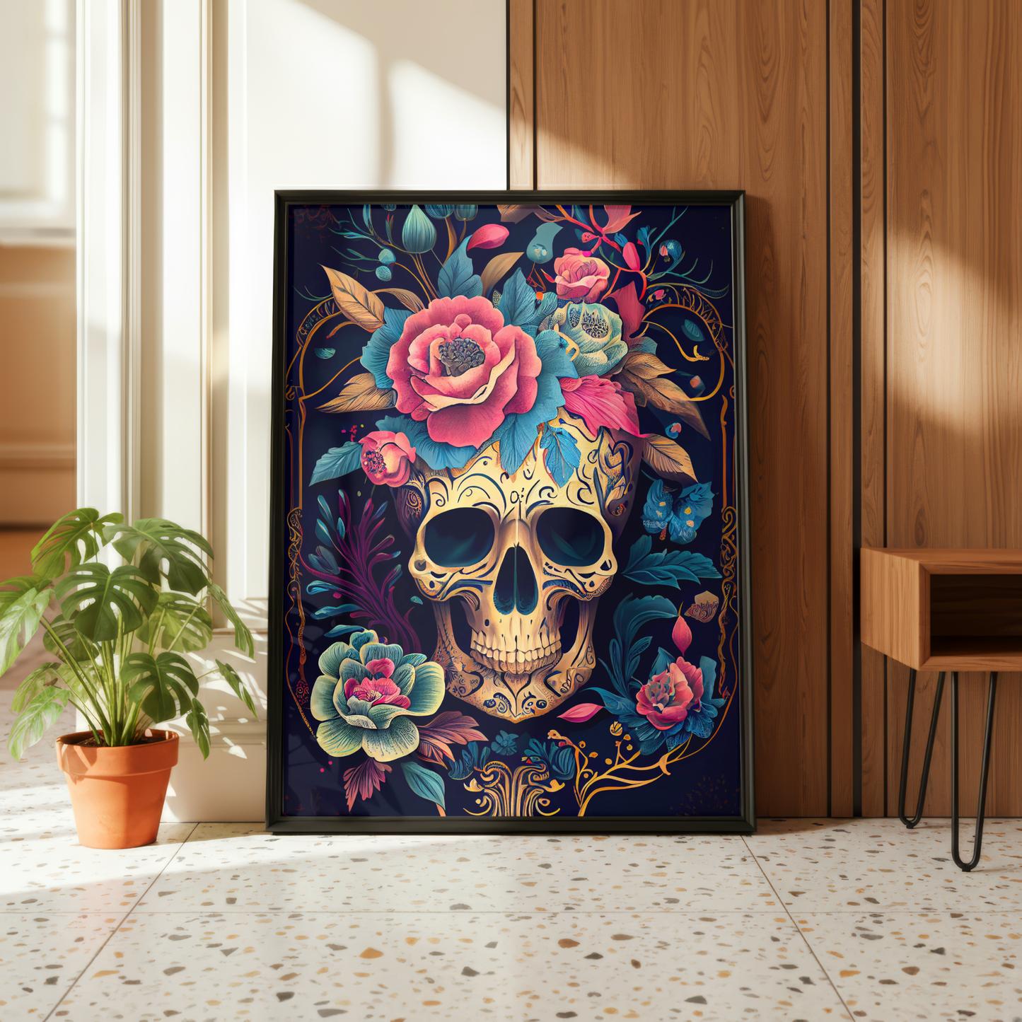 dark floral skull wall decor
