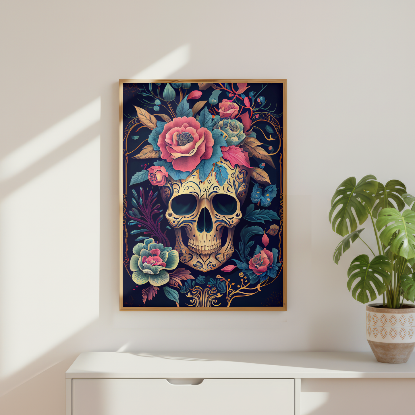decorative skull with coral flowers