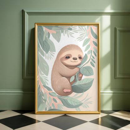 sloth art green leaves