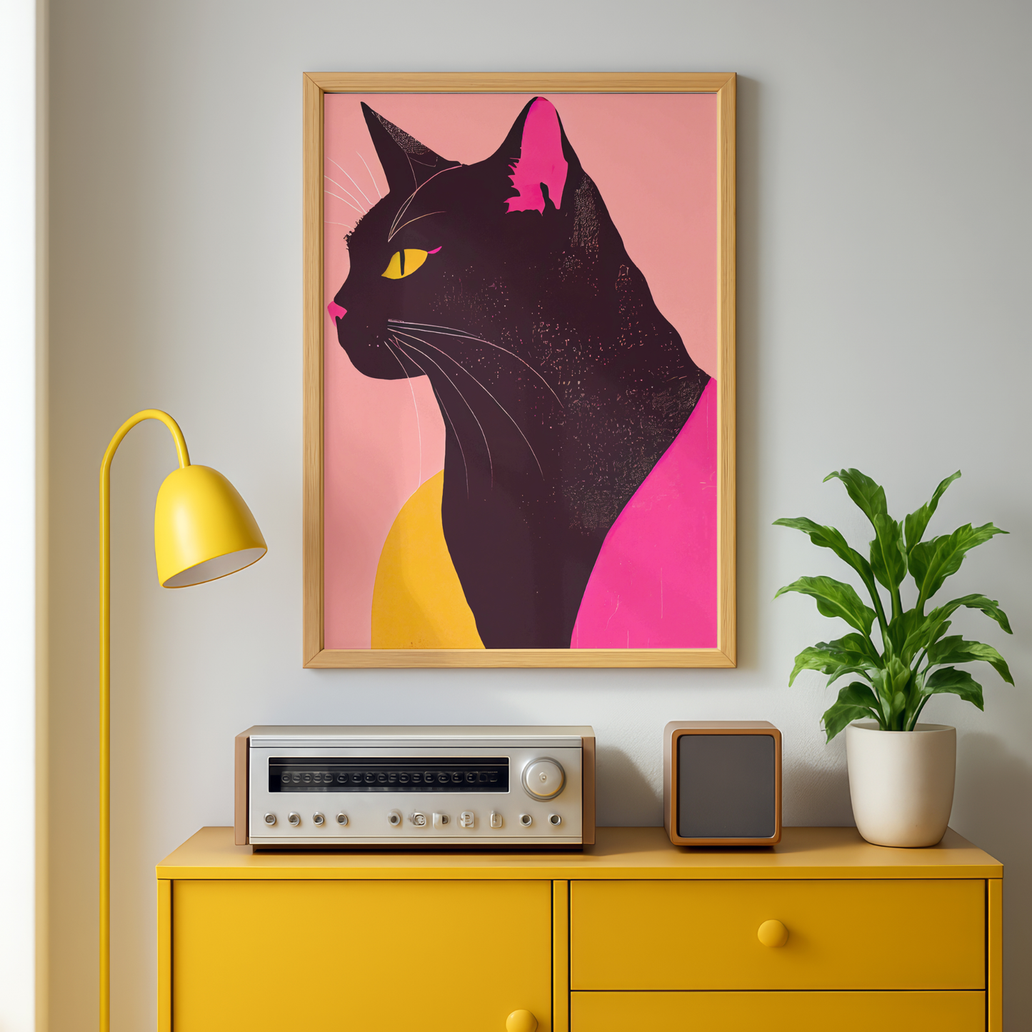 black cat pink gold tones art